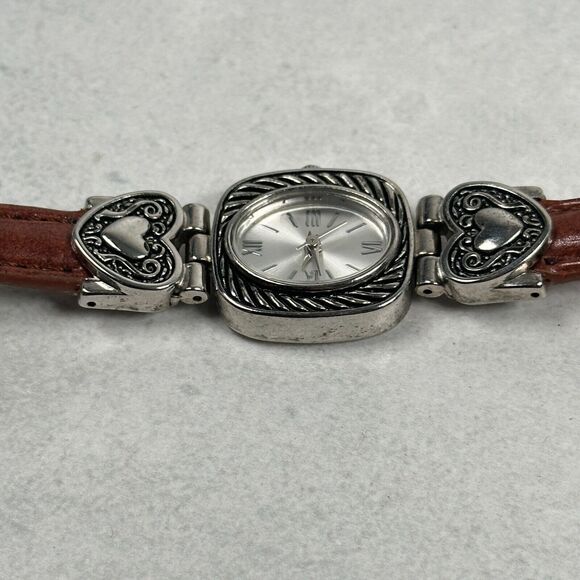 Womens Watch 20mm Oval Hearts Silver Tone Brown Band Western Cowgirl New Battery - Picture 2 of 10